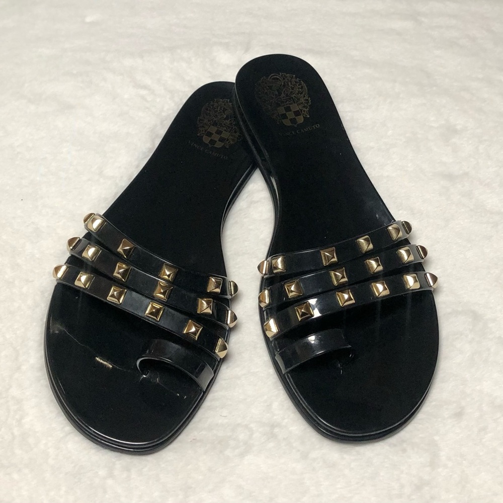 Vince Camuto Elishenta Jelly Flat Slide,Size-6,Color-Black & Gold